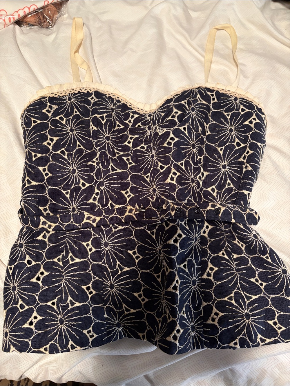 Navy Vintage Nanette Lepore Floral Eyelet Peplum Top with Cream Trim - 2